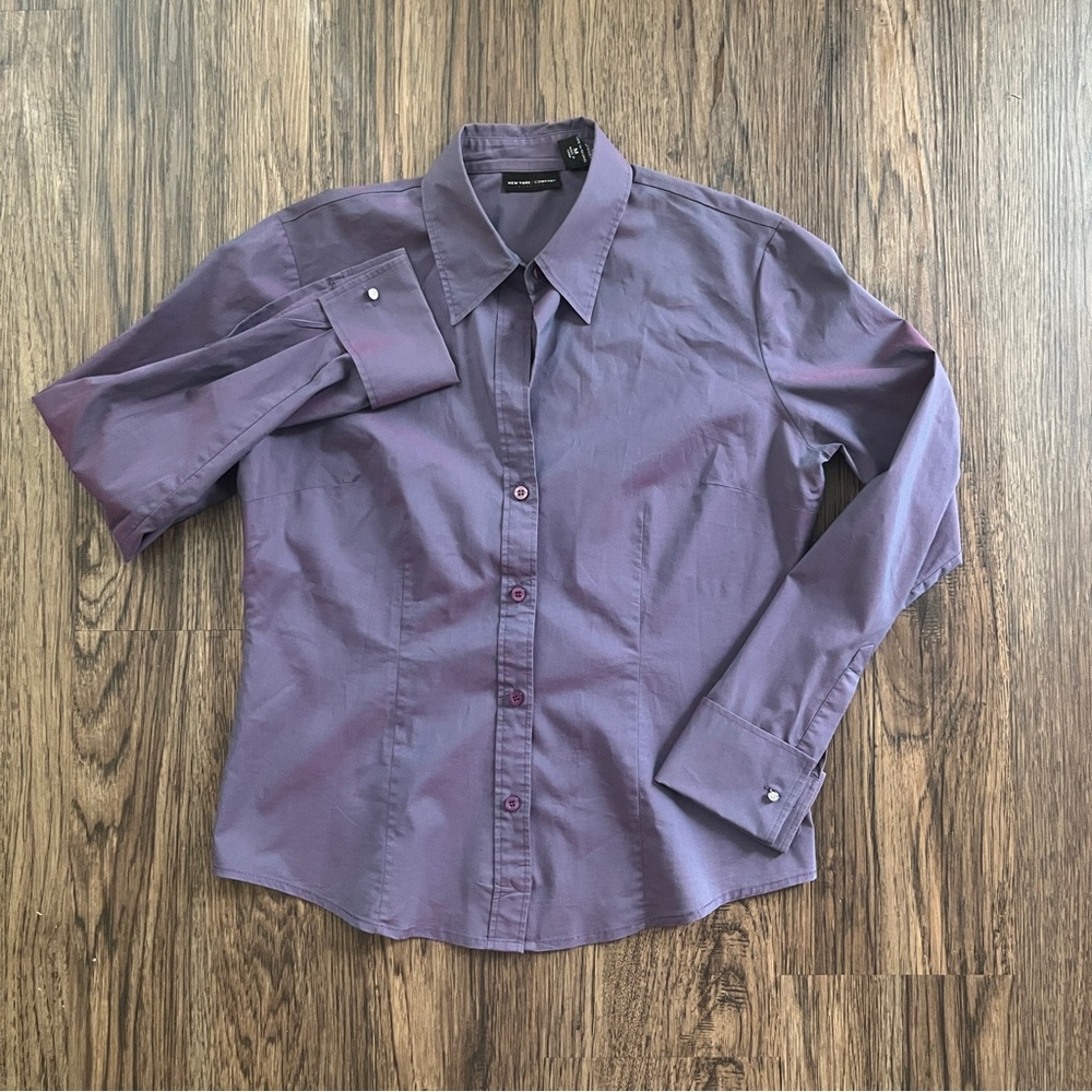 New York & Co Purple Iridescent Button Down Top Medium